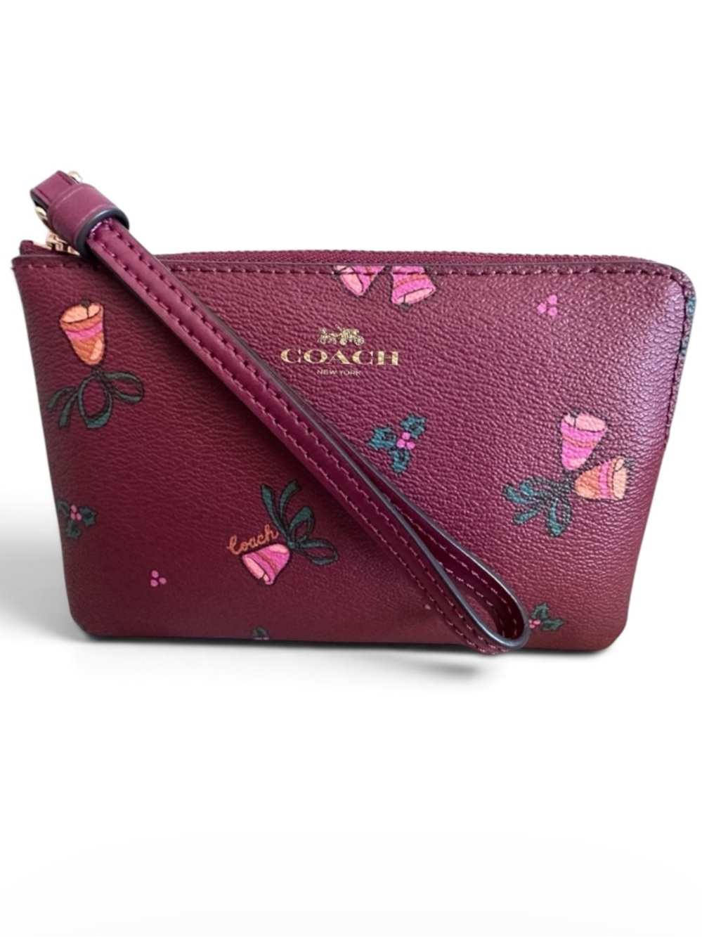 COACH Burgundy holiday bells Wristlet with Gold Logo nwt - Picture 2 of 5